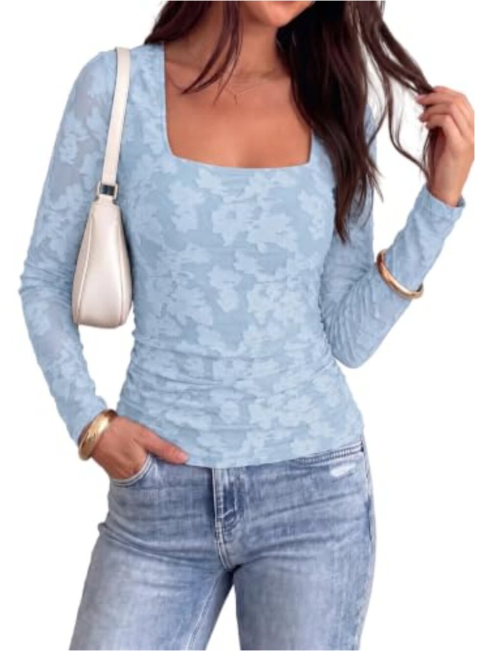 Womens Floral Mesh Long Sleeve Square Neck Ruched Fitted Top
